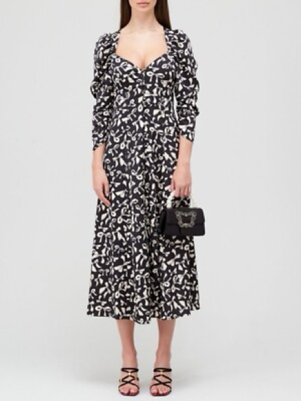 For love and lemons bow print midi dress long sleeve button front dress small - Picture 8 of 8
